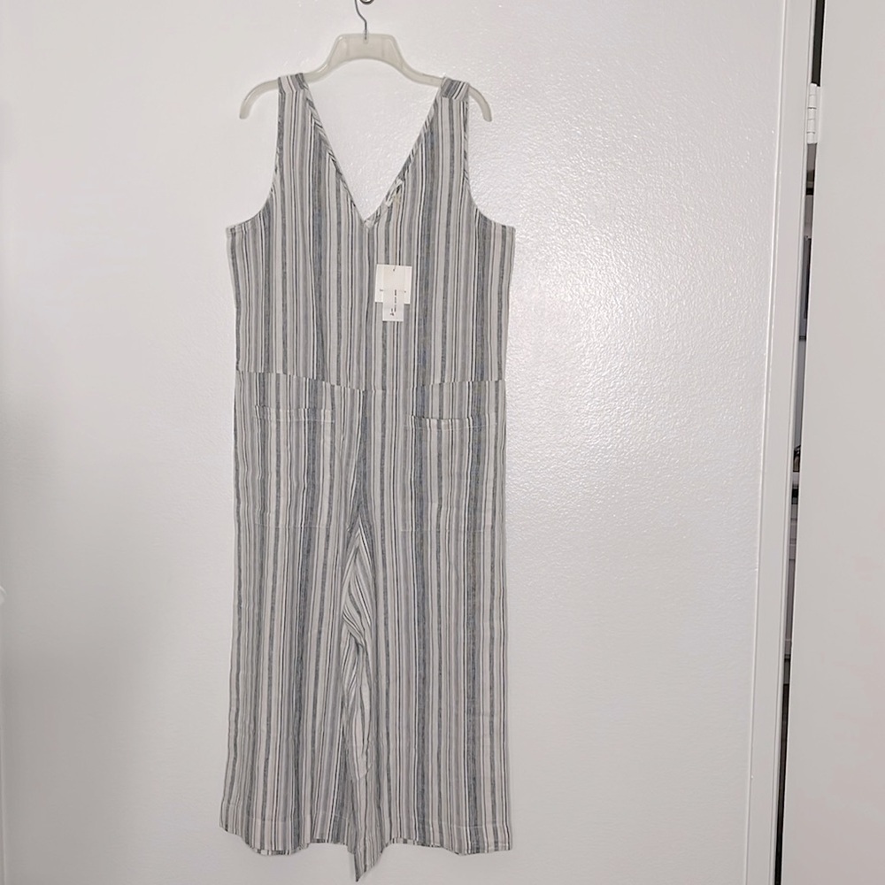 Beachlunchlounge Linen Blend Stripe Gray White Sleeveless Jumpsuit Size Large